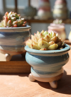 新款窑变多肉花盆复古创意窑变透气个性群生带脚法师高桩盆栽特价