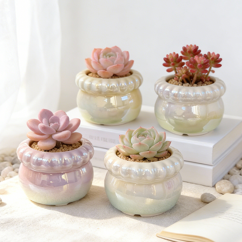 多肉花盆手工陶瓷创意圆形竖纹口植物盆栽绿植花器电镀镭射渐变色