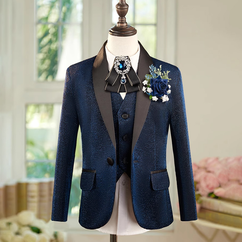 儿童藏青色亮丝西装套装男童时尚舞台小主持人礼服高端钢琴演出服