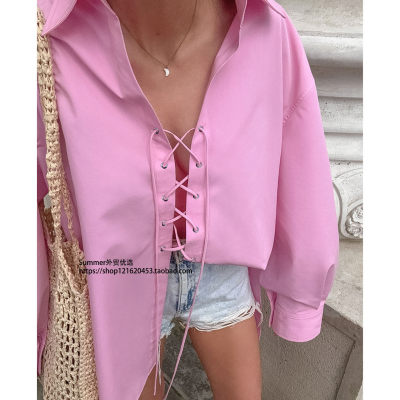 2025秋百搭翻领衬衫穿绳系带感设计长袖衬衫女Pink lace up shirt