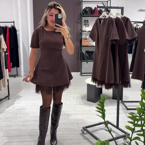 欧美女新款圆领短袖烫钻修身显瘦蕾丝边连衣裙Women Party Dress