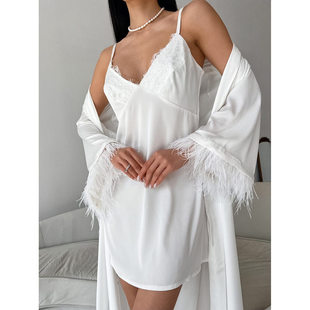 欧美羽毛拼接睡袍睡裙两件套睡衣女家居服pajamas set nightdress