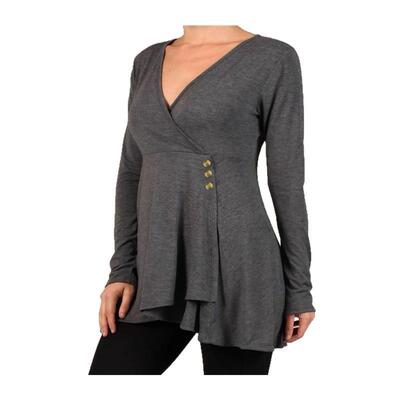 Solid color elegant V-neck women's long-sleeve top纯色上衣女