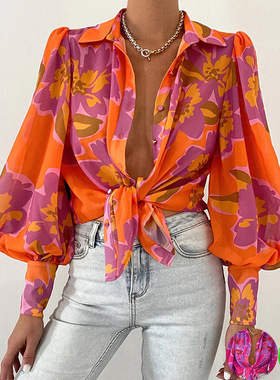 Floral Lantern Sleeve Blouse Shirt性感开衫宽松灯笼袖衬衣印花