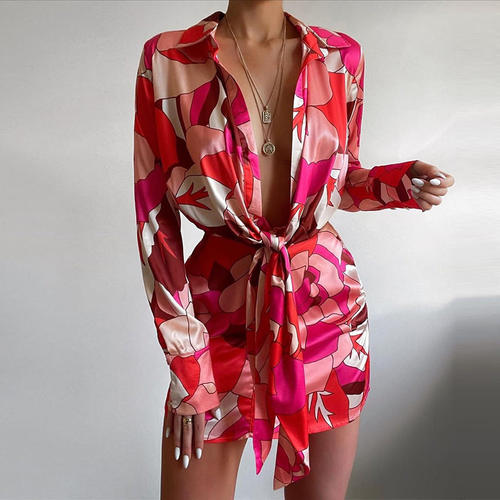 Women sexy printed shirt dress欧美性感女印花长袖衬衫式连衣裙