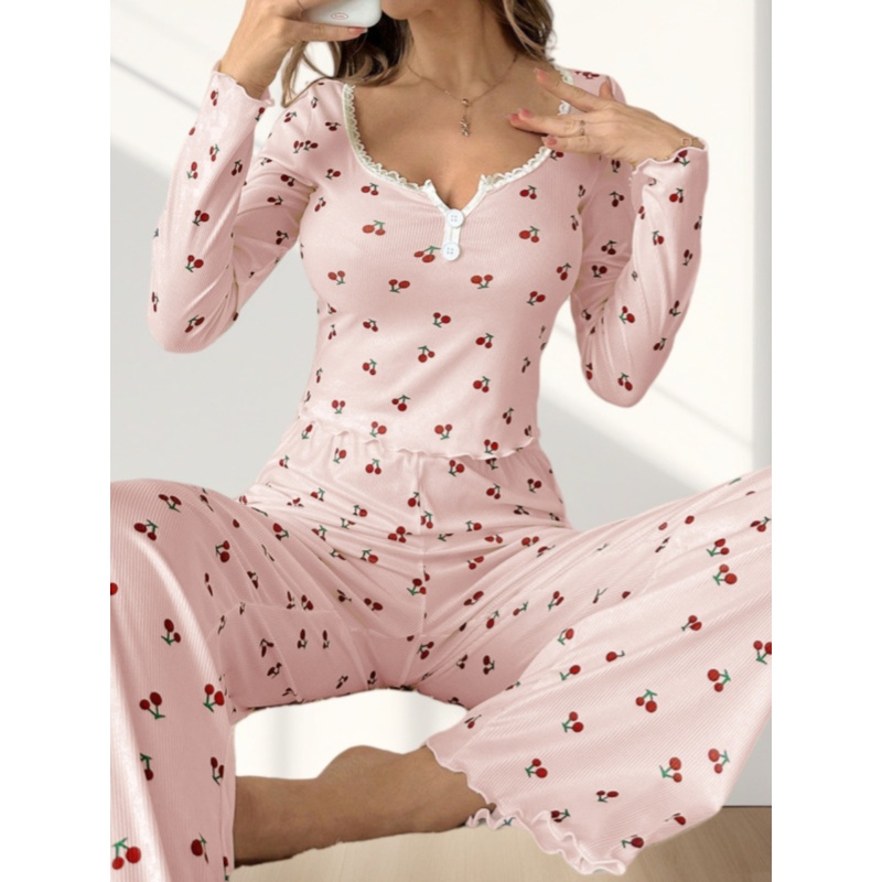 欧美时尚长袖上衣印花长裤睡衣家居服套装女 Pajama Homewear Set
