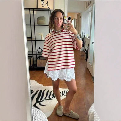 2025 Striped Hem Split Plus Size T-shirt Women Short Sleeve