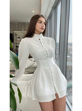White button dress白色圆领长袖纽扣修身连衣裙A字衬衫收腰短裙
