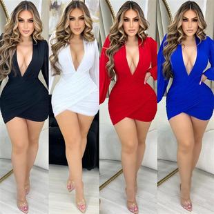 neck Ruched Dress性感连衣裙 Sleeve Sexy Long Women Mesh