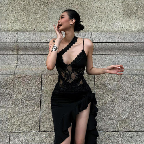 Lace patchwork see through backless dress蕾丝拼接露背连衣裙