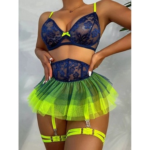 3PCS Colorblock Sheer Mesh Lace Garter Lingerie Set性感套装