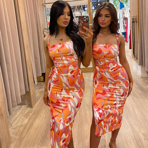 2025 Women's Fashion Print Backless Strap Slim Sling Dress