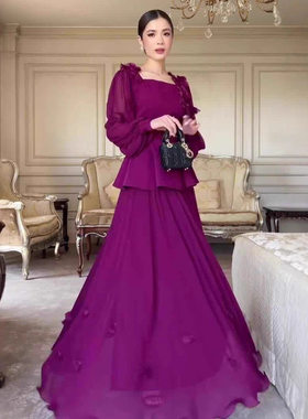 欧美优雅气质长袖长裙套装礼服连衣裙 Women Party Evening Dress