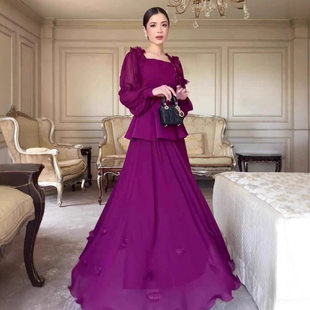 Evening 欧美优雅气质长袖 Dress Party Women 长裙套装 礼服连衣裙
