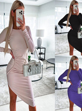 Long sleeved sexy backless irregular women dress 露背连衣裙