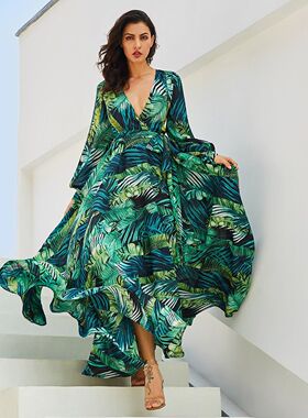 New 2019 women long dresses ladies print beach dress holic女