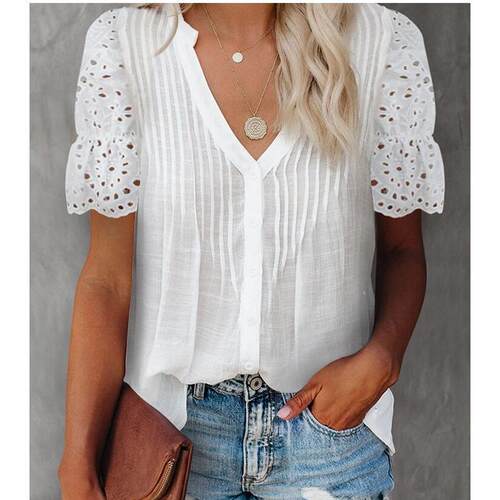 V-Neck Lace Solid Bubble Sleeve TopV领蕾丝纯色宽松泡泡袖上衣