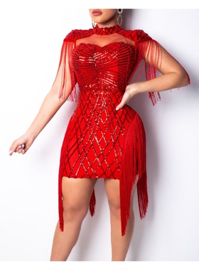 Women Sequin Tassels Party Dress性感流苏亮片连衣裙