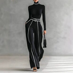 Slim Set 欧美显瘦长袖 两件套 Leg Pants Wide 针织阔腿裤 Knitted