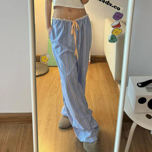 2025 New Women's Daily Color Stripe Lace-up Woven Pants Thin