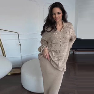 tops 欧美女装 纯色镂空上衣修身 针织长裙两件套Casual skirts and
