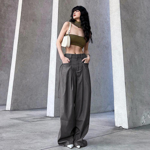 2025 Old Gray Woven Pants Women High Waist Loose Drape Pants