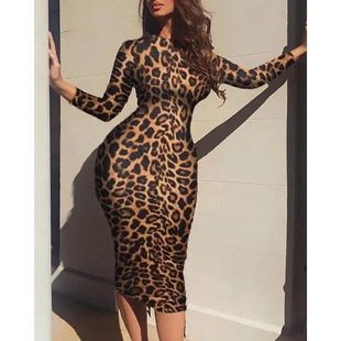 圆领豹纹长袖连衣裙 Leopard Print Long Sleeve Midi Dress