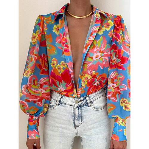 Women sexy printed blouse 2022欧美时尚性感花色上衣衬衣