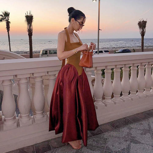 Hanging neck tie backless slim fit dress挂脖系带露背连衣裙女