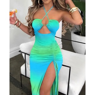 Cutout Slit Drawstring High Dress Ruched 镂空挂脖紧身裙Ombre