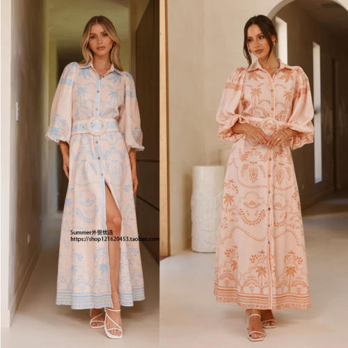 麻宽松休闲腰带收腰泡泡袖t衬衫洋装 Puffed-sleeve shirt dress