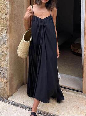 法式袖吊带连衣裙气质简约露背宽松黑色长裙Women backless dress