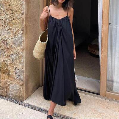 法式袖吊带连衣裙气质简约露背宽松黑色长裙Women backless dress