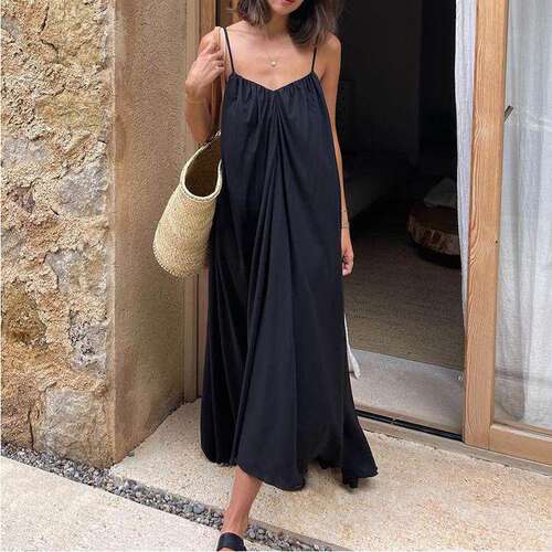 法式袖吊带连衣裙气质简约露背宽松黑色长裙Women backless dress