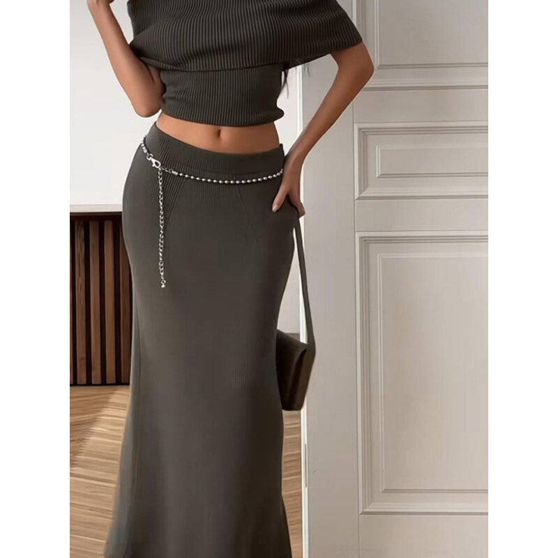 御姐一字肩无袖针织上衣长款开叉半身裙套装女knit skirt set top