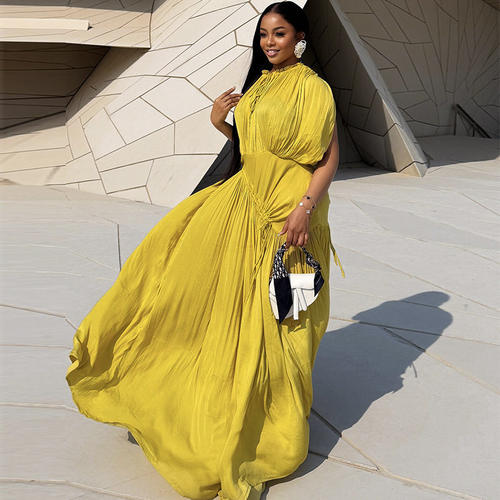 欧美新款时尚宽松褶皱收腰大摆连衣裙 Women casual loose dress