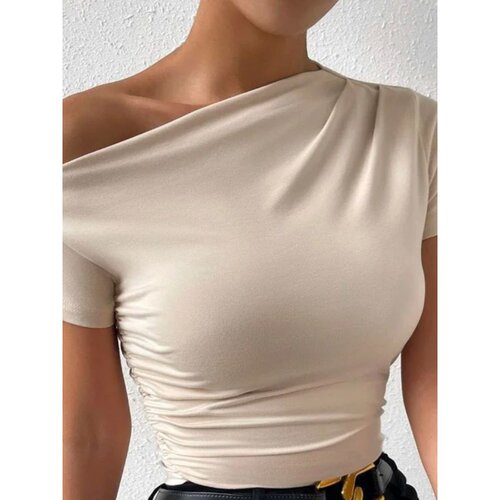Irregular pleated sloping collar top修身抽褶不规则斜领上衣女