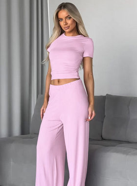 短袖长裤睡衣套装家居服两件套女纯色homewear pajamas set women