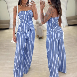条纹抹胸套装 Bandeau Button Front Top Loose Fit Pants Set