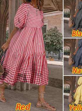 2025 Women's Casual Long Sleeve Check Ruffled Loose Dress
