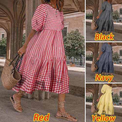 2025 Women's Casual Long Sleeve Check Ruffled Loose Dress