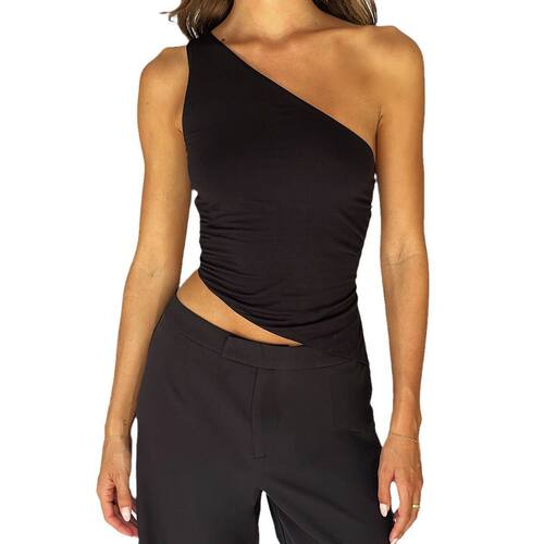 Slanted shoulder backless lace up top斜肩露背系带短款上衣女