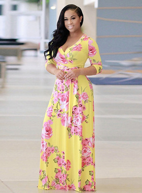 Vestidos Large Size 5XL Half Sleeve Floral Print Long Dress