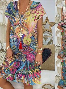 V-neck digital print elegant casual dress 印花气质休闲连衣裙