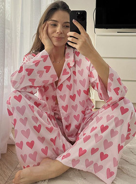 欧美爱心印花睡衣女宽松舒适女士家居服pajamas women set suit