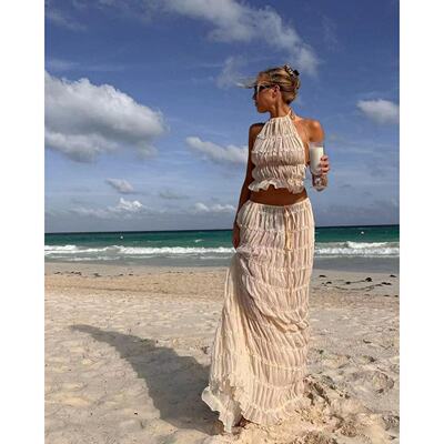 Backless Two Piece Sets露背挂脖吊带抽绳雪纺褶皱半裙裙两件套