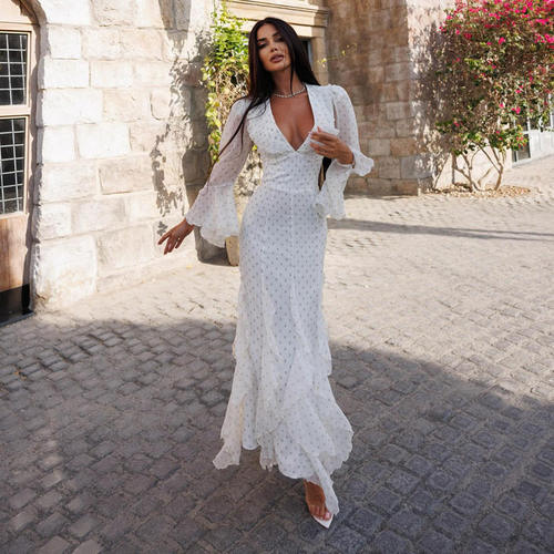 春秋新款印花荷叶边喇叭袖高腰气质连衣裙 Women printed dress