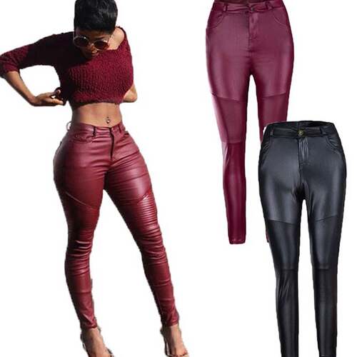 Women's street pleated leather pants skinny stretch pants