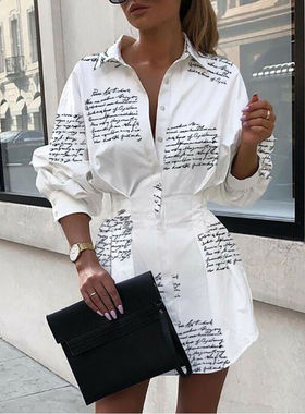 Fashion Women's Long Sleeve Printed Shirt Dress中长款衬衫