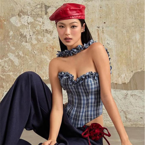 Printed backless neck hanging vest 印花露背挂脖显瘦小背心女